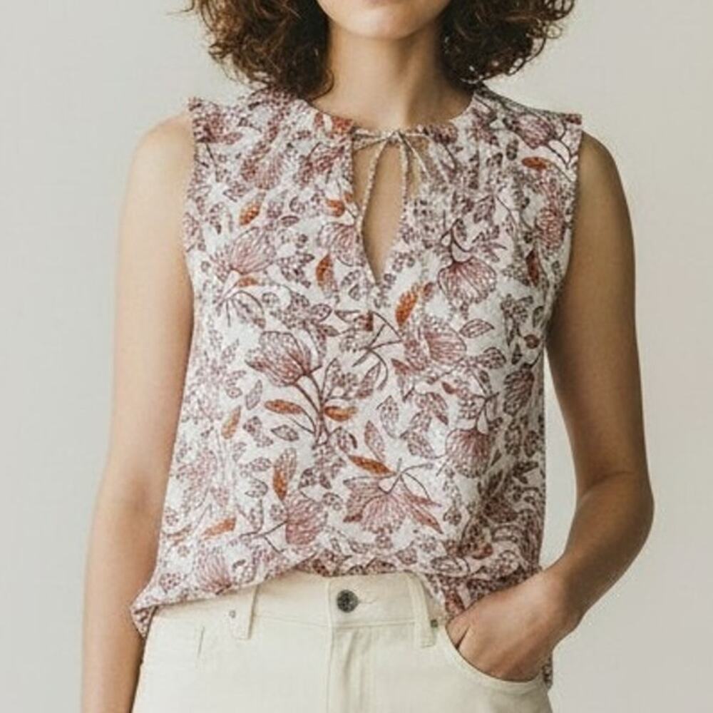 Haute Hippie Cream Floral Linen Blend Keyhole Front Sleeveless Top Size S NWT